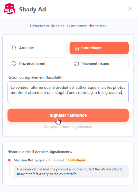 Shady AD - Formulaire Signalement